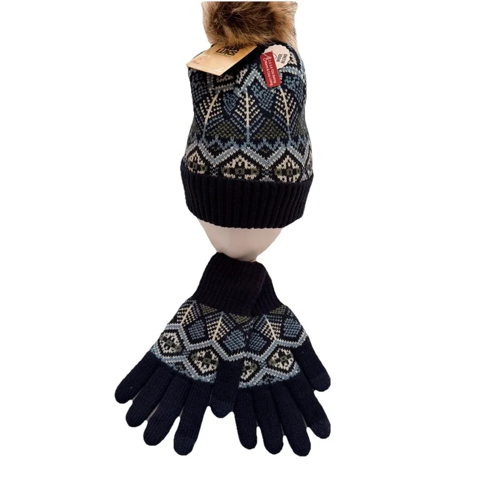 Muk Luks Women's Fair Isle Beanie Hat And Glove Set Black Gray,Blue Faux Fur Pom